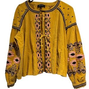 RD + Koko Mustard Yellow Embroidered Boho Peasant Top Size Large